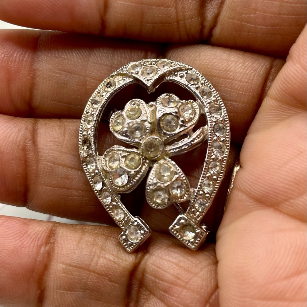 Vintage Silver Tone Good Luck Four Leaf Clover Horseshoe Brooch Pin